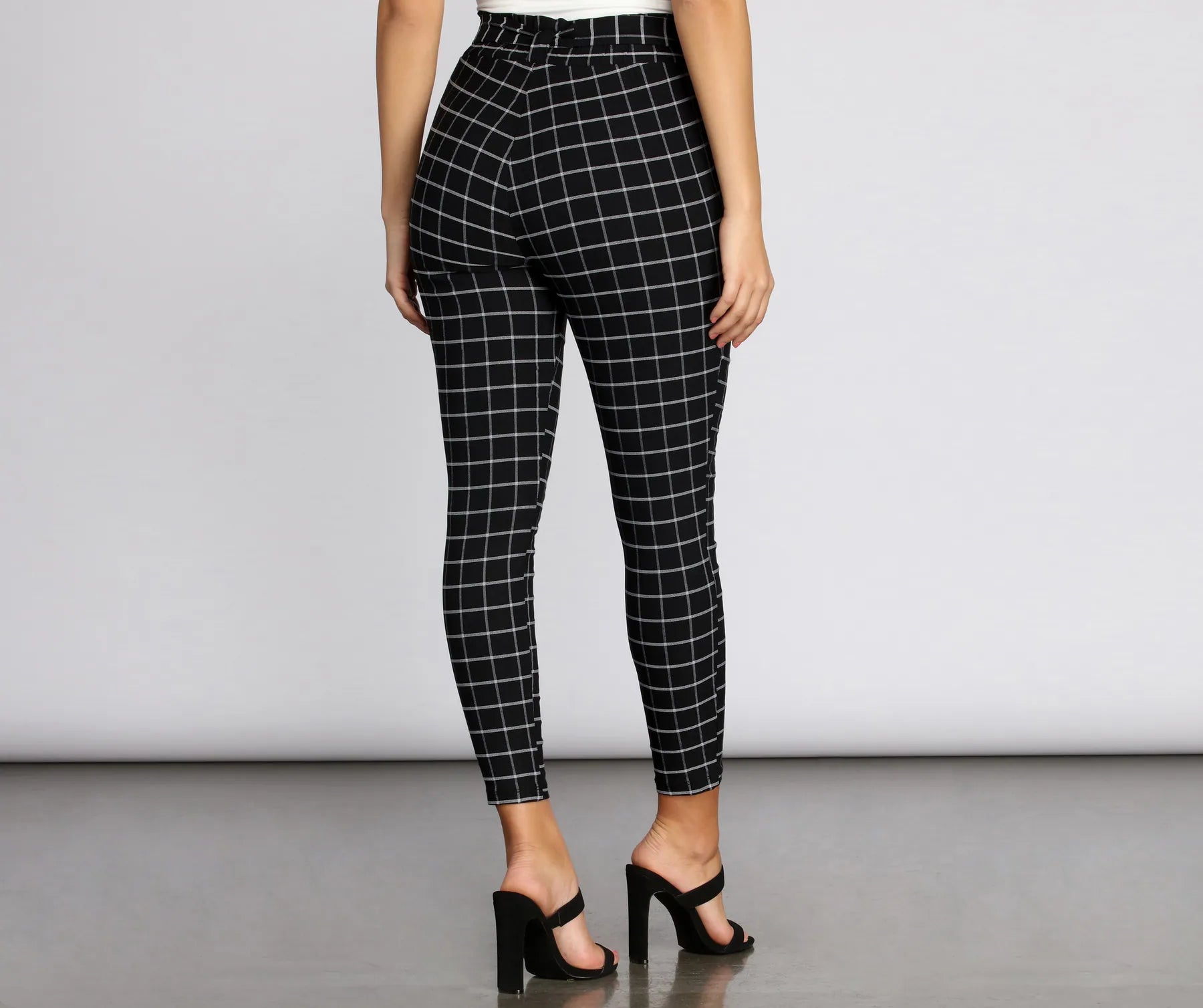 Plaid Paper Bag Tie Waist Skinny Pants - Image 2