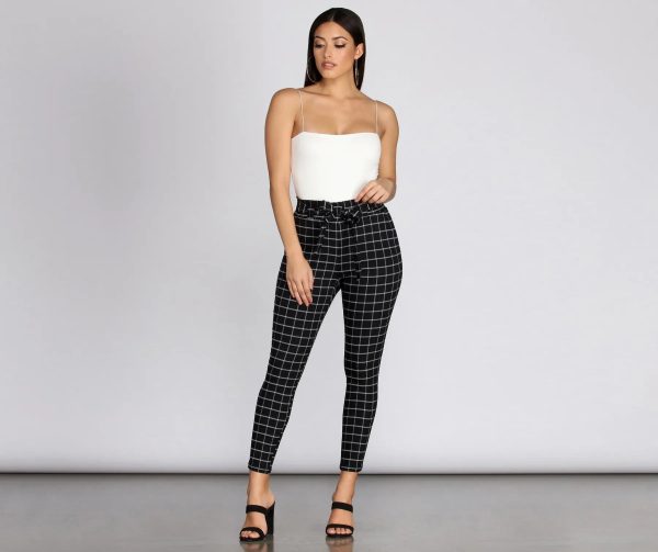 Plaid Paper Bag Tie Waist Skinny Pants - Image 3