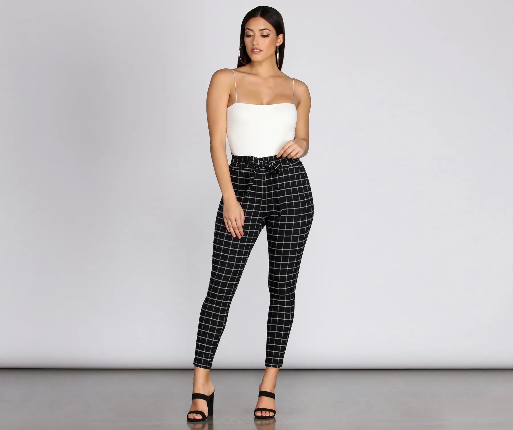 Plaid Paper Bag Tie Waist Skinny Pants - Image 3