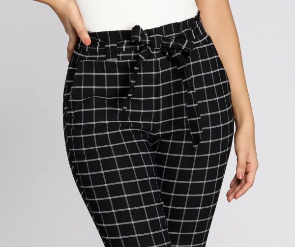 Plaid Paper Bag Tie Waist Skinny Pants - Image 4