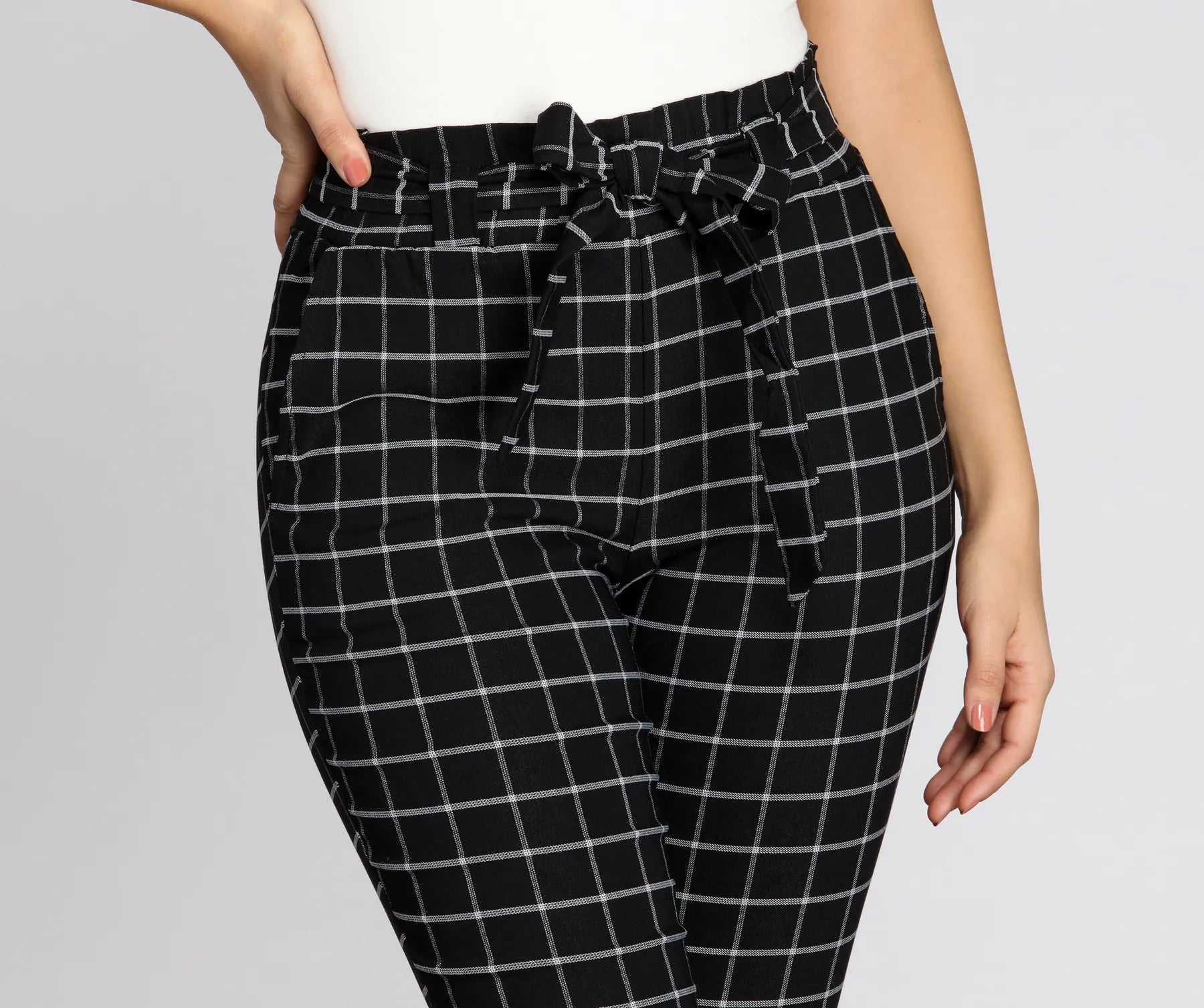 Plaid Paper Bag Tie Waist Skinny Pants - Image 4
