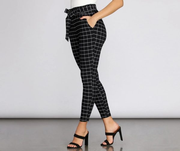 Plaid Paper Bag Tie Waist Skinny Pants - Image 5