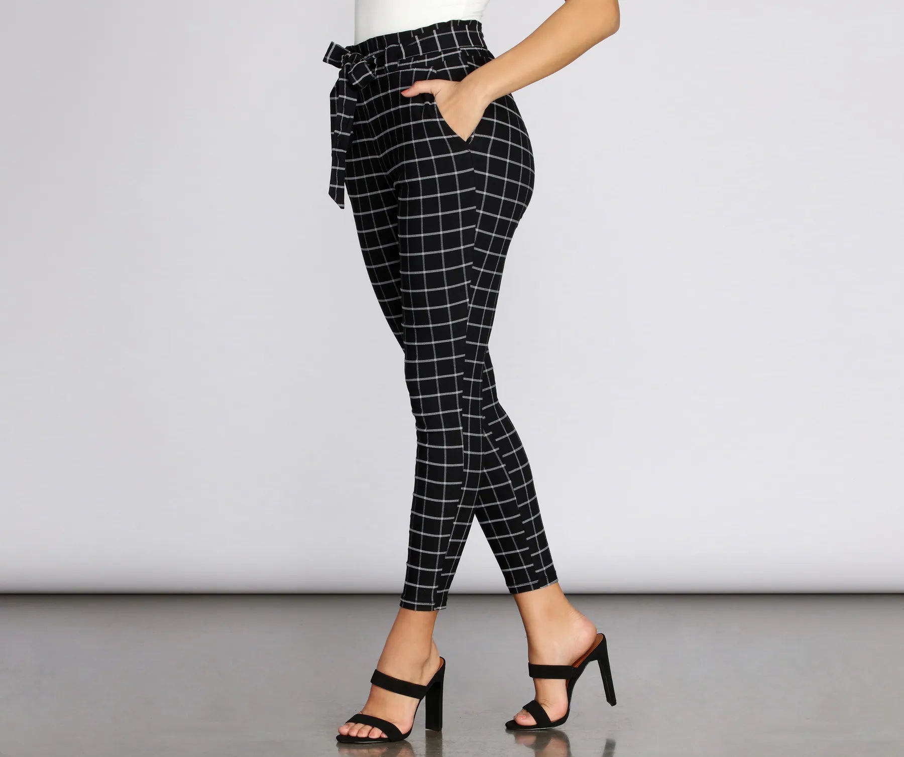 Plaid Paper Bag Tie Waist Skinny Pants - Image 5