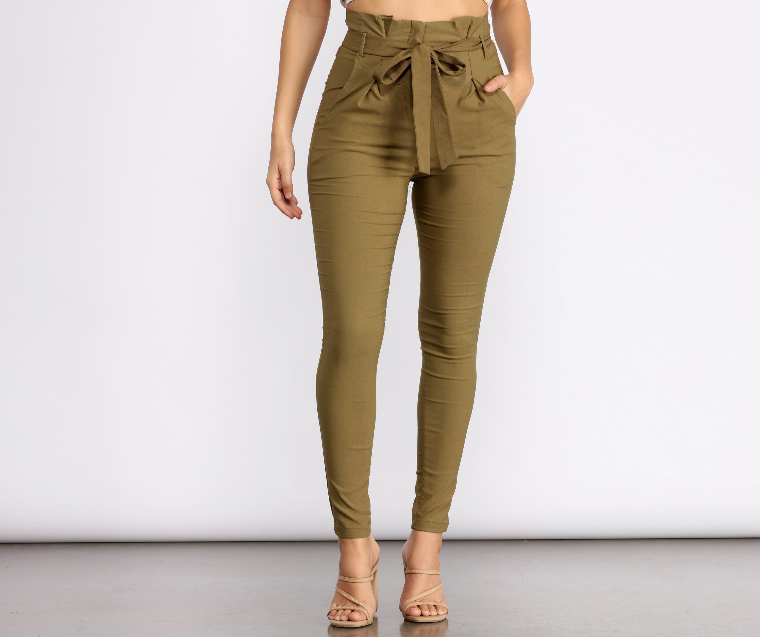 Tie Waist Skinny Paperbag Pants - Image 5