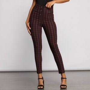 High Waist Snap Front Plaid Skinny Pants