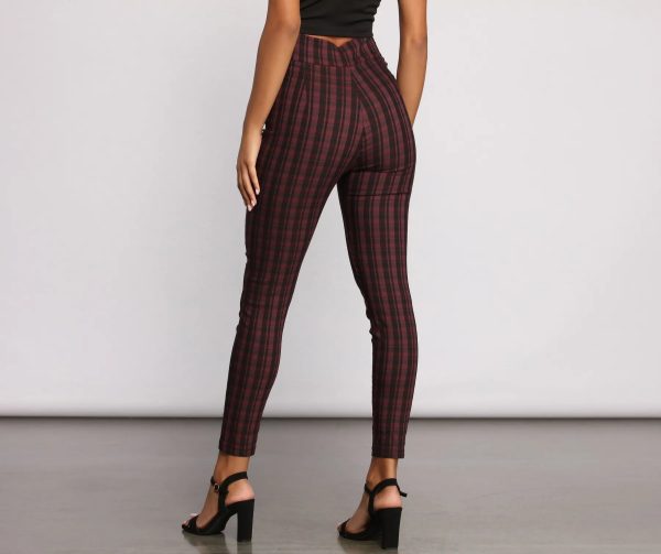 High Waist Snap Front Plaid Skinny Pants - Image 2