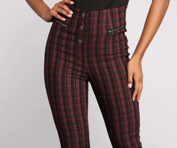 High Waist Snap Front Plaid Skinny Pants - Image 3