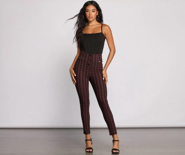 High Waist Snap Front Plaid Skinny Pants - Image 4