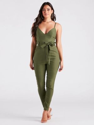 Straight To Business V-Neck Paper Bag Jumpsuit