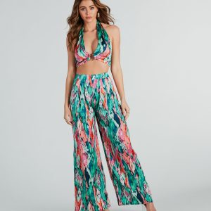 Color Me Pretty Satin Abstract Wide-Leg Pants