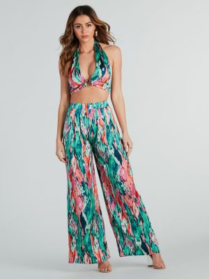 Color Me Pretty Satin Abstract Wide-Leg Pants