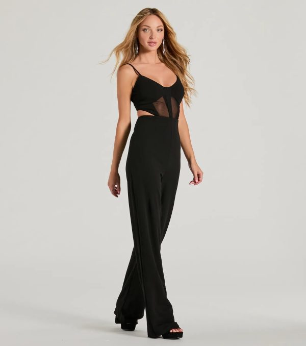 Chic Position Cutout Mesh Crepe Wide-Leg Jumpsuit - Image 4