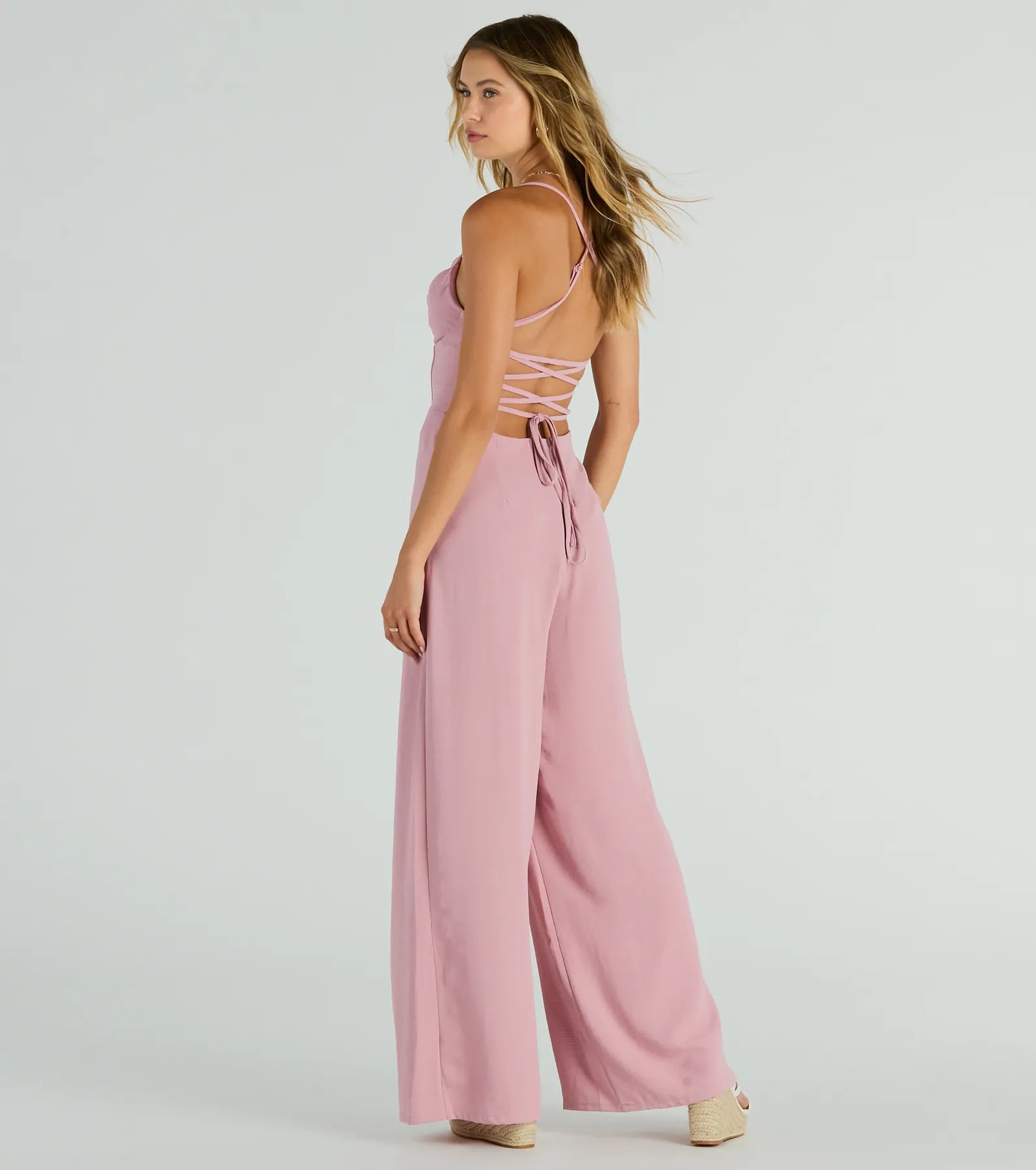 Effortless Allure Lace-Up Woven Wide-Leg Jumpsuit - Image 2