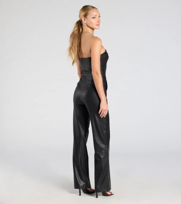 On The Low Strapless Wide-Leg Faux Leather Jumpsuit - Image 2