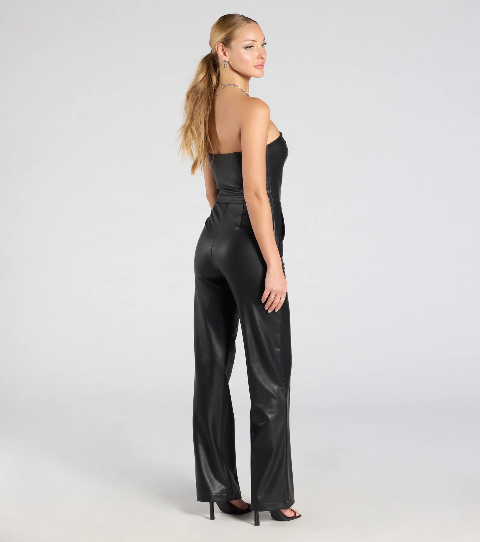 On The Low Strapless Wide-Leg Faux Leather Jumpsuit - Image 2