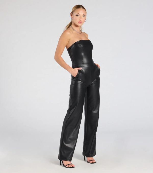 On The Low Strapless Wide-Leg Faux Leather Jumpsuit - Image 4