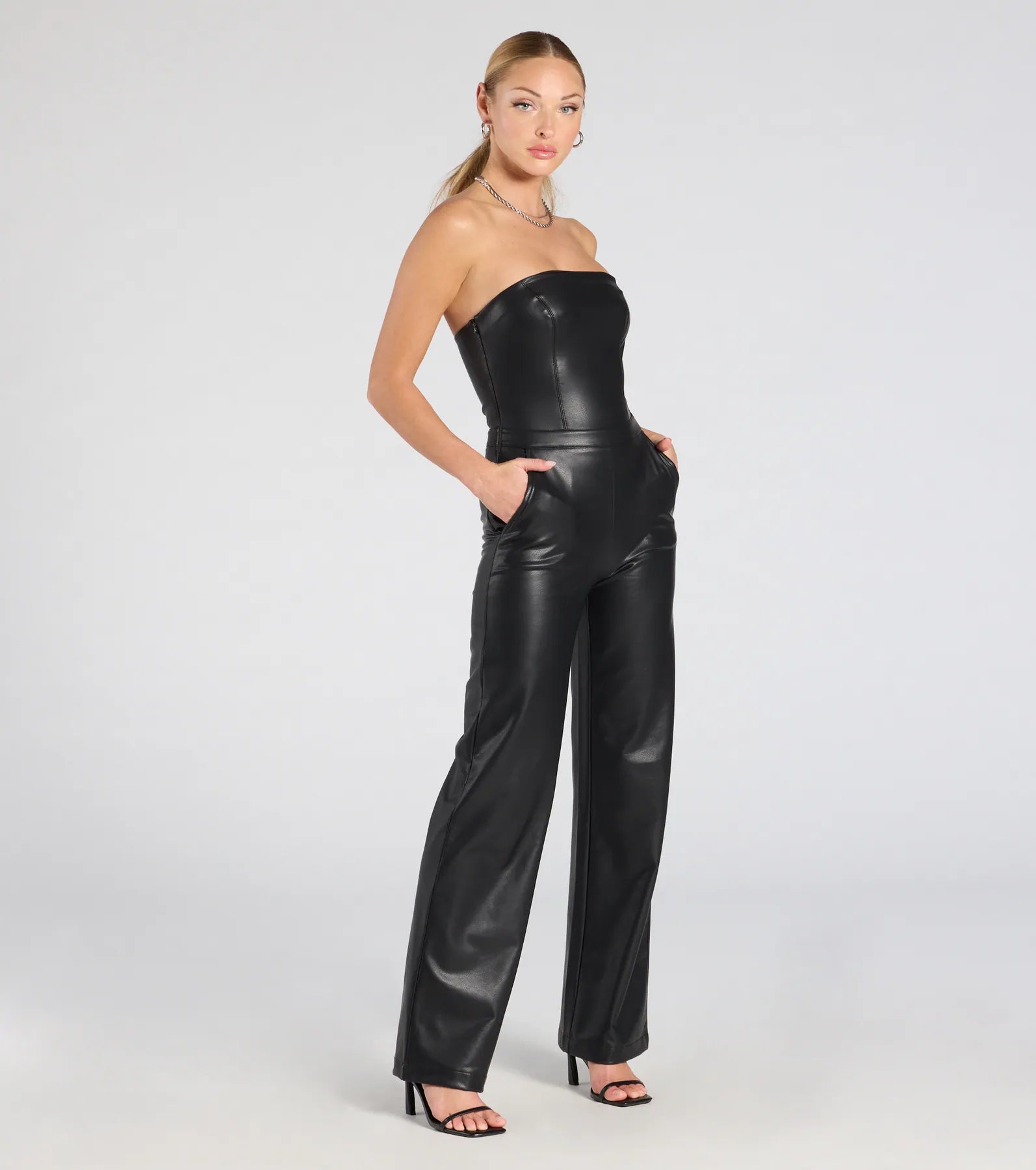 On The Low Strapless Wide-Leg Faux Leather Jumpsuit - Image 4