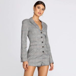 Plaid Check Blazer Romper