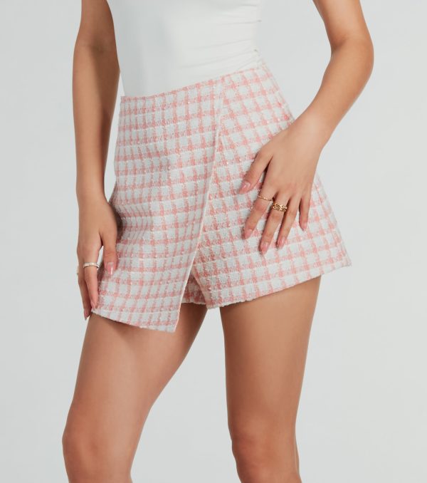 Preppy Beauty Tweed Faux Pearl Button Plaid Skort - Image 4