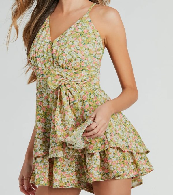 In My Element V-Neck Bow Ruffled Floral Romper - Image 2