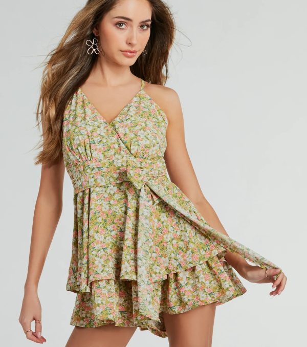 In My Element V-Neck Bow Ruffled Floral Romper - Image 4