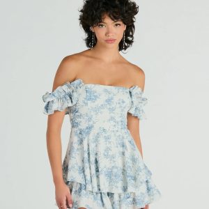 Pretty Girl Ruffled Off-The-Shoulder Scenic Print Romper