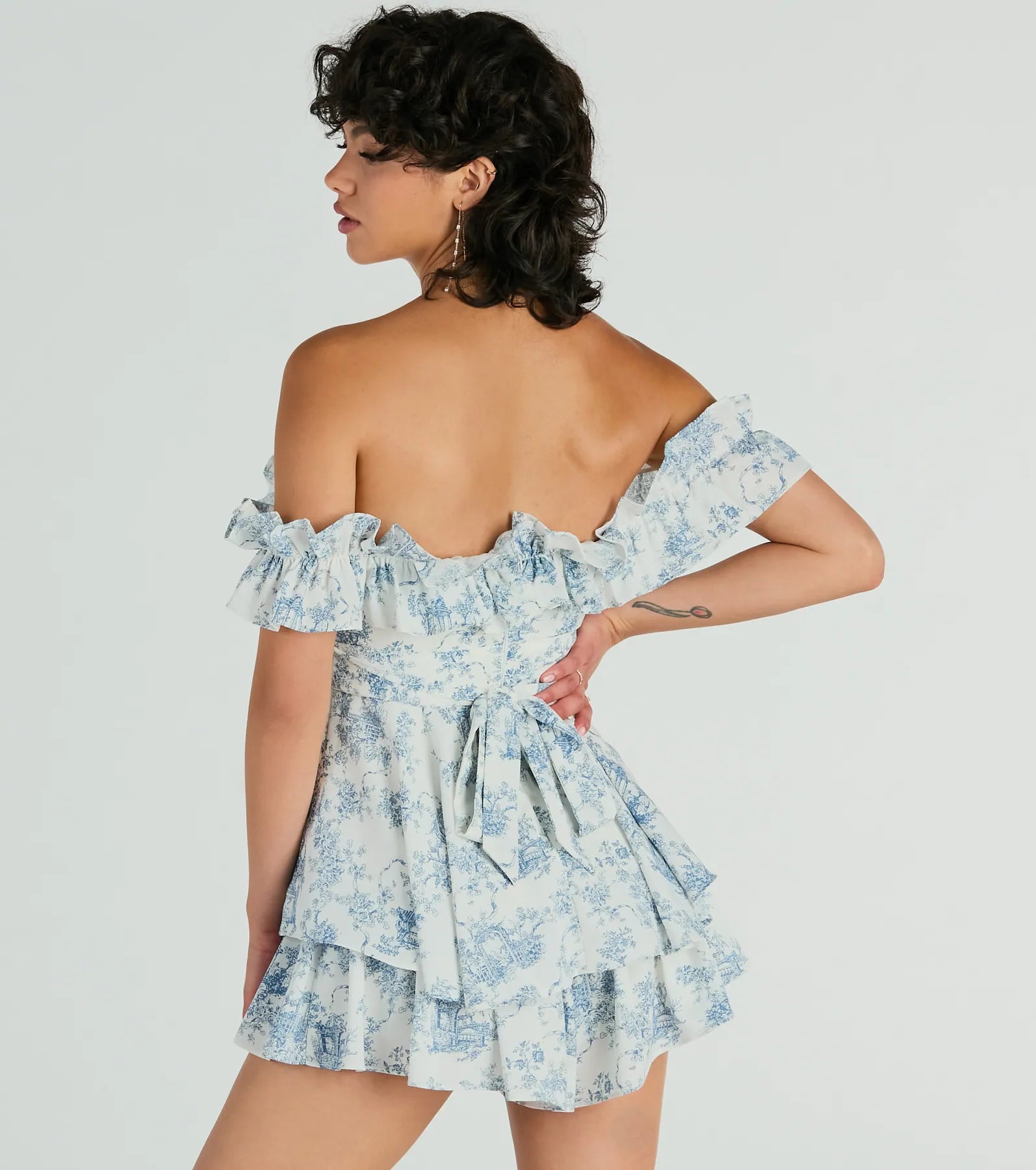 Pretty Girl Ruffled Off-The-Shoulder Scenic Print Romper - Image 2