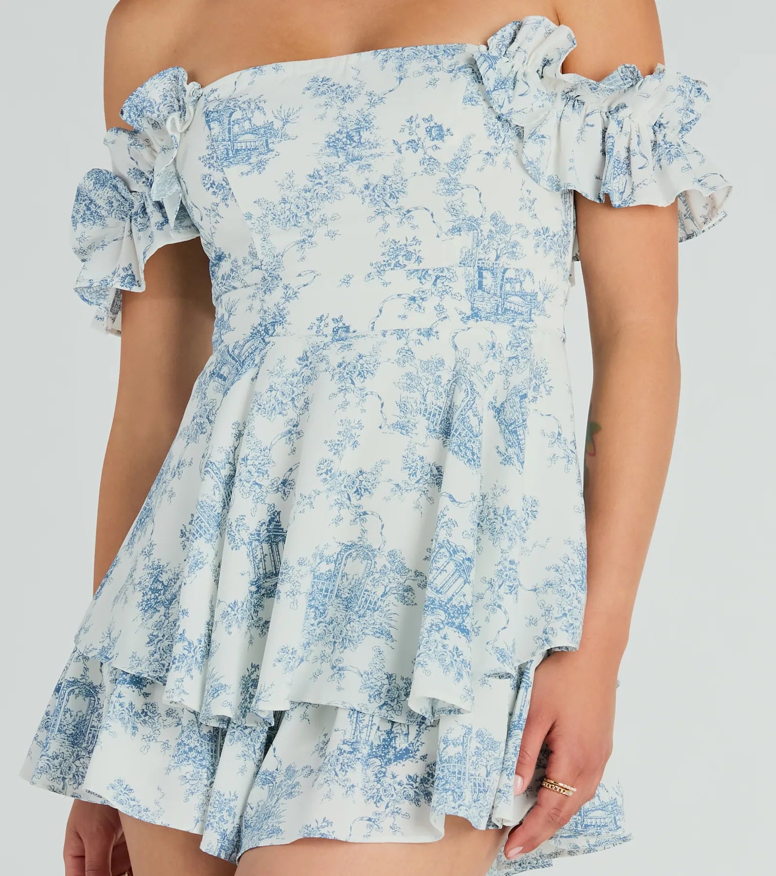 Pretty Girl Ruffled Off-The-Shoulder Scenic Print Romper - Image 4