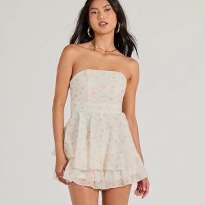 Romantic Spot Strapless Floral Chiffon Romper