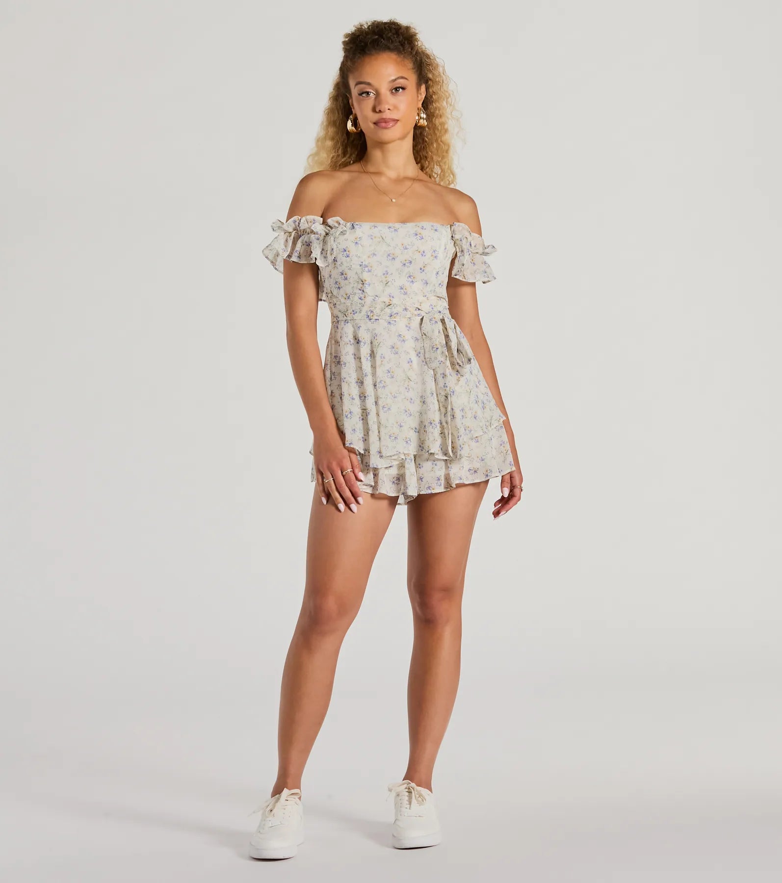 Fun And Flirty Off-The-Shoulder Ruffled Floral Romper - Image 4