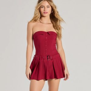 Social Babe Belted Drop Waist Skater Romper