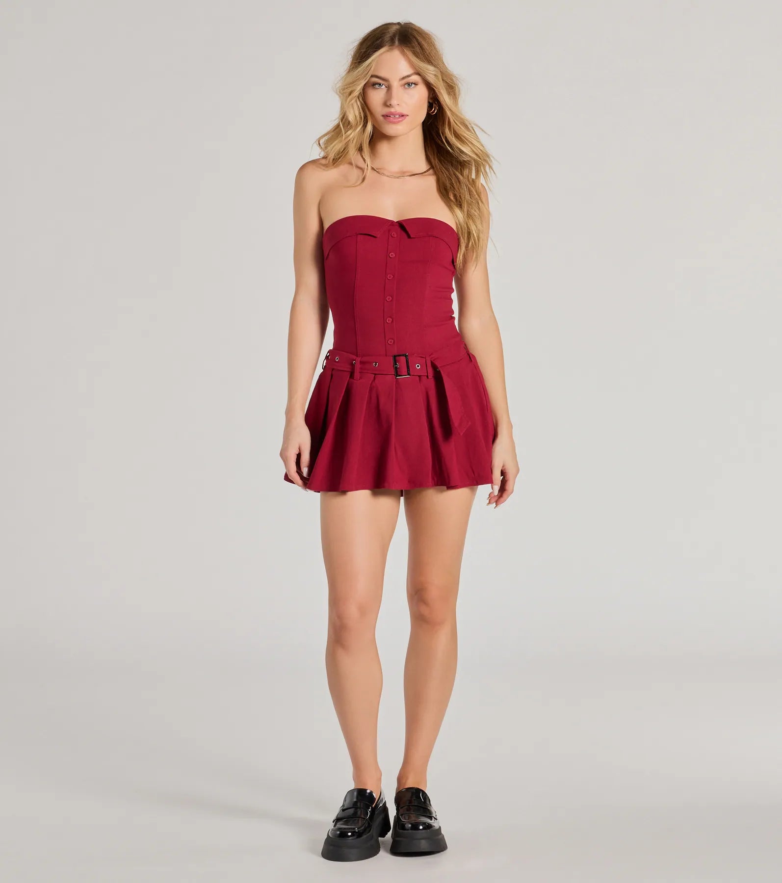 Social Babe Belted Drop Waist Skater Romper - Image 3