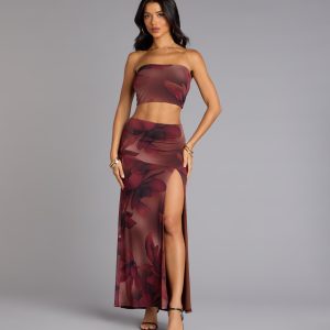 Blooming Allure Floral Mesh High-Slit Maxi Skirt