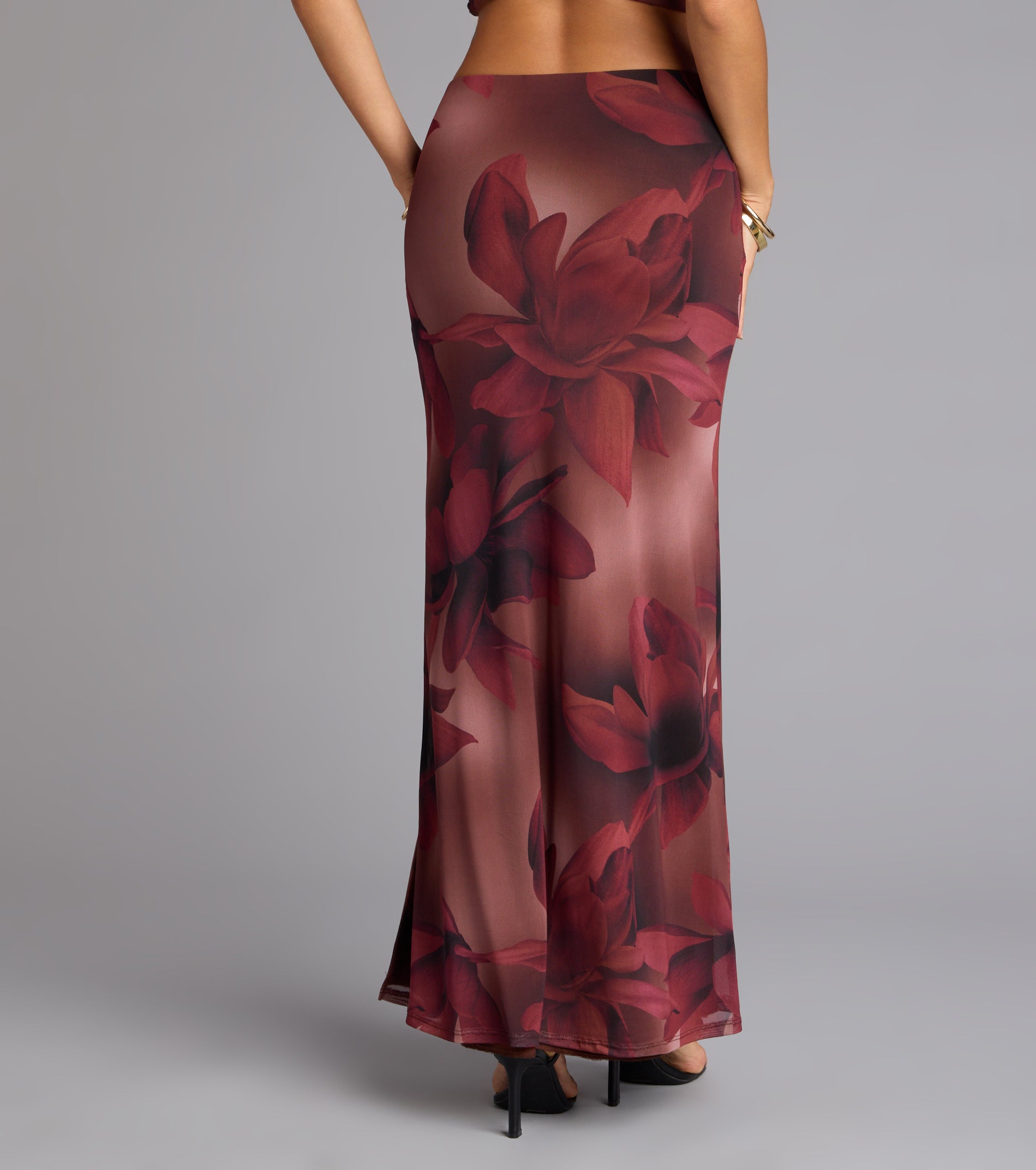 Blooming Allure Floral Mesh High-Slit Maxi Skirt - Image 2