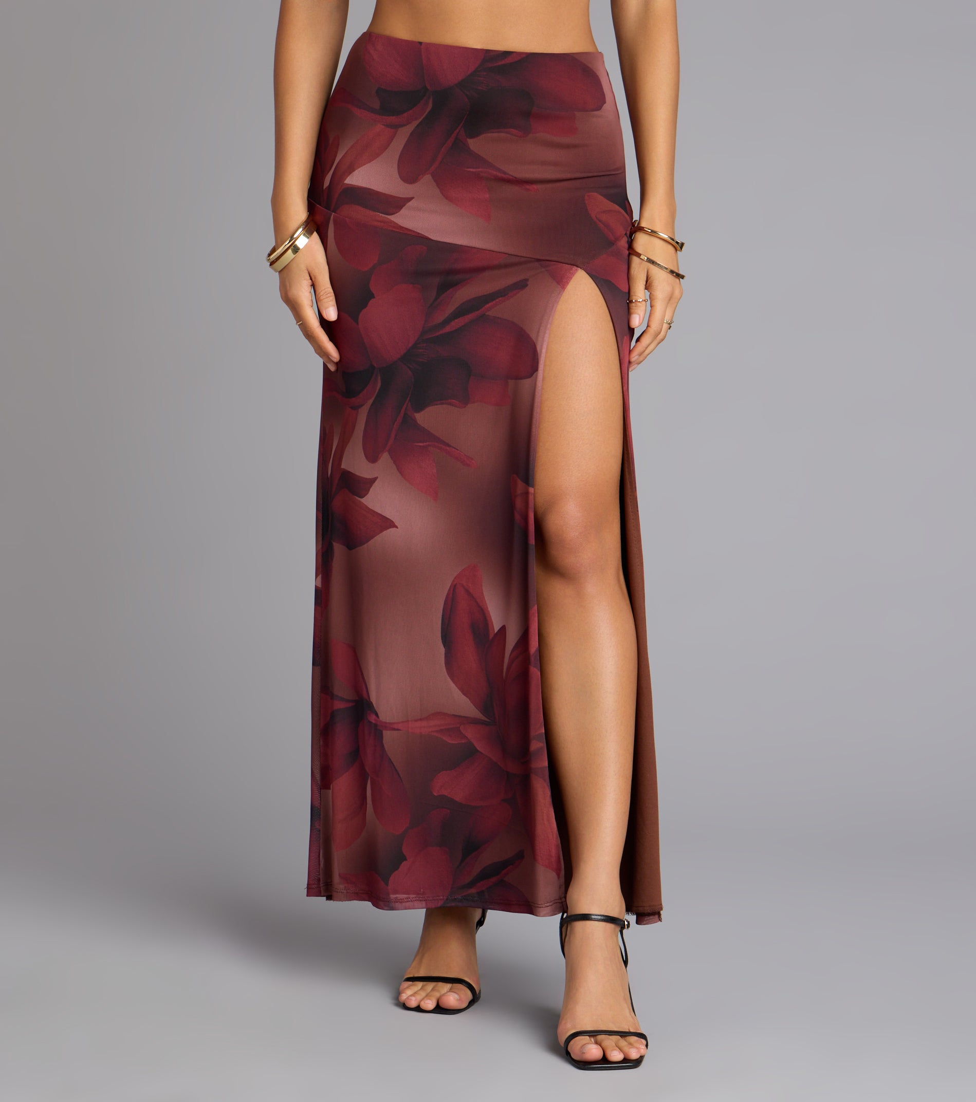 Blooming Allure Floral Mesh High-Slit Maxi Skirt - Image 4