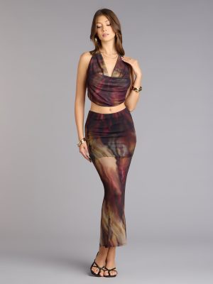 Night Out Muse Abstract Print Mesh Maxi Skirt
