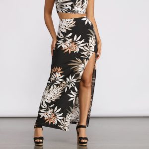 Tropical Palm Leaf High Slit Maxi Skirt