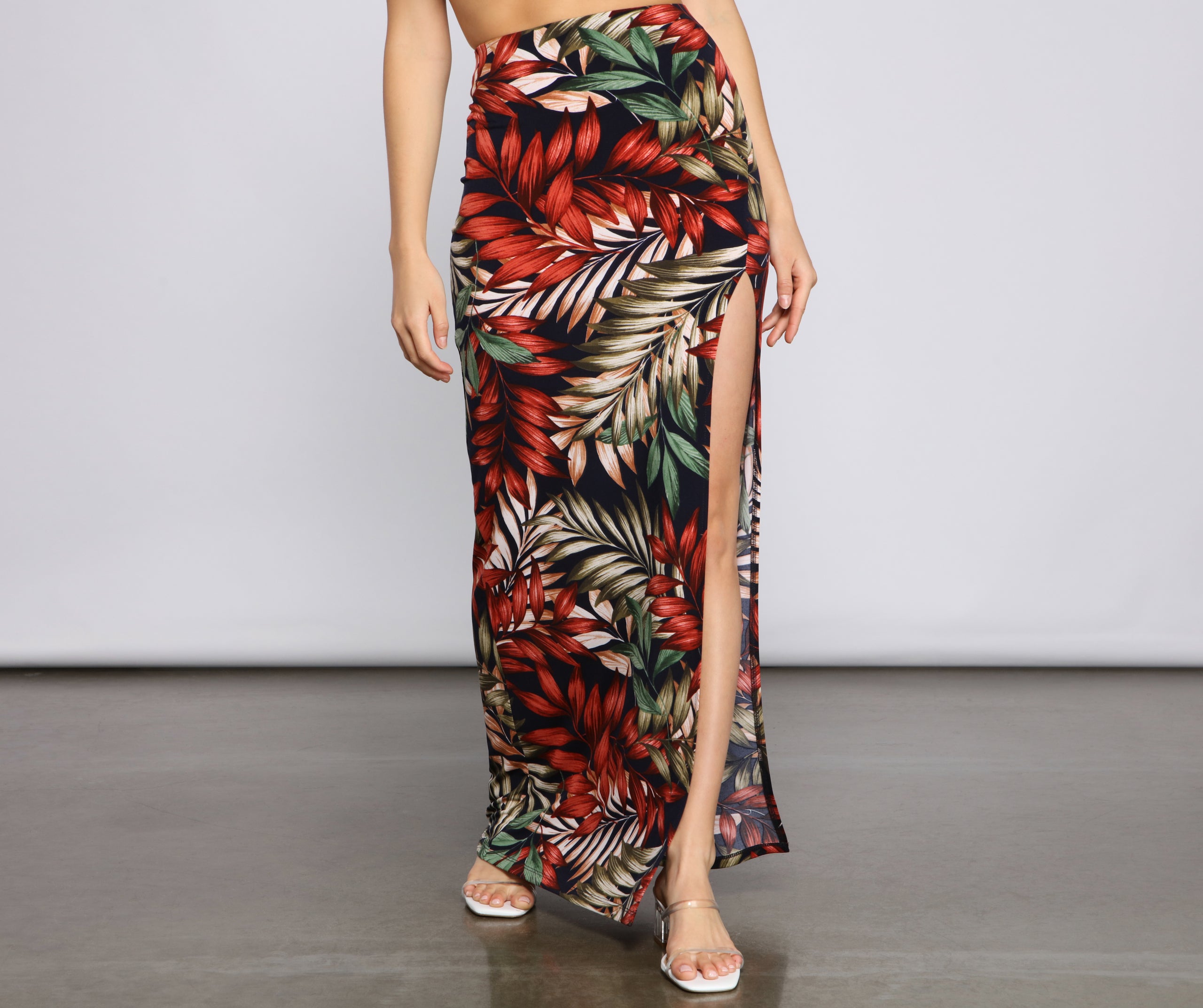 Tropical Palm Leaf High Slit Maxi Skirt - Image 5