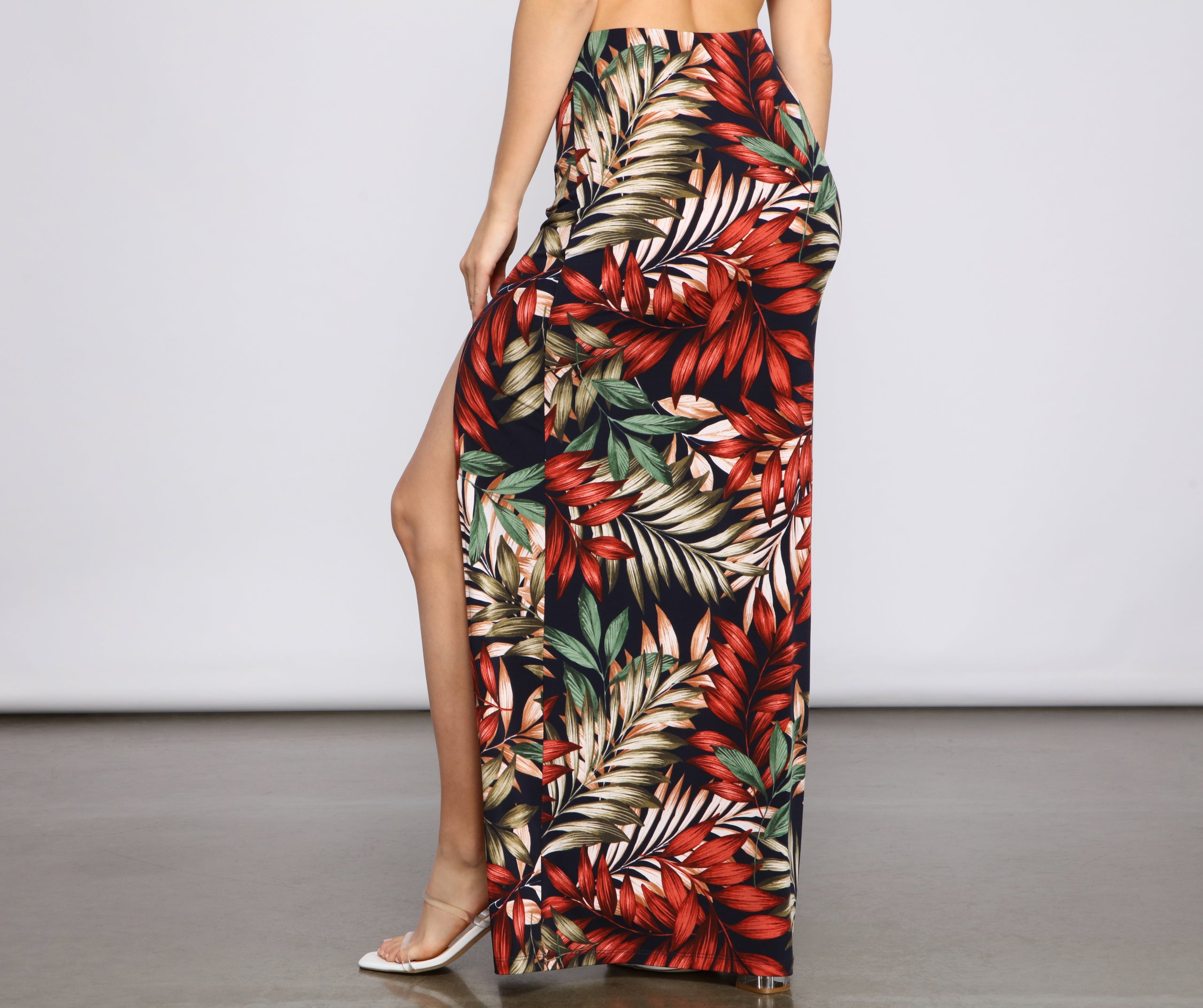 Tropical Palm Leaf High Slit Maxi Skirt - Image 7