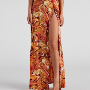 Retro Swirls Slit Maxi Skirt