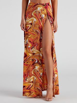 Retro Swirls Slit Maxi Skirt