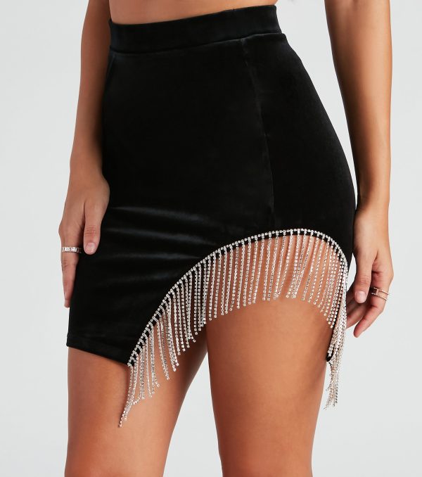 Sparkly Muse Rhinestone Fringe Velvet Mini Skirt - Image 2