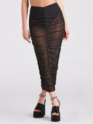 Sheerly Sexy Ruched Midi Skirt