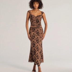 Romantic Aura Flocked Floral Mesh Maxi Skirt