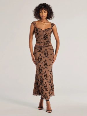 Romantic Aura Flocked Floral Mesh Maxi Skirt