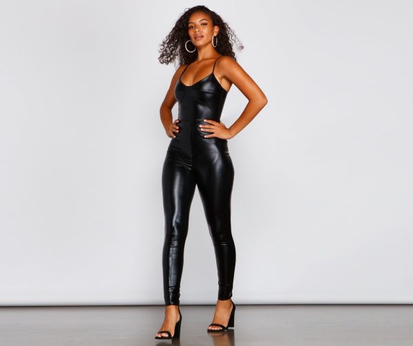 Sleek And Mysterious Faux Leather Catsuit - Image 4