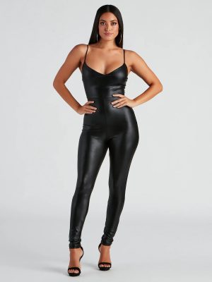 Sleek Sleeveless V-Neck Faux Leather Catsuit