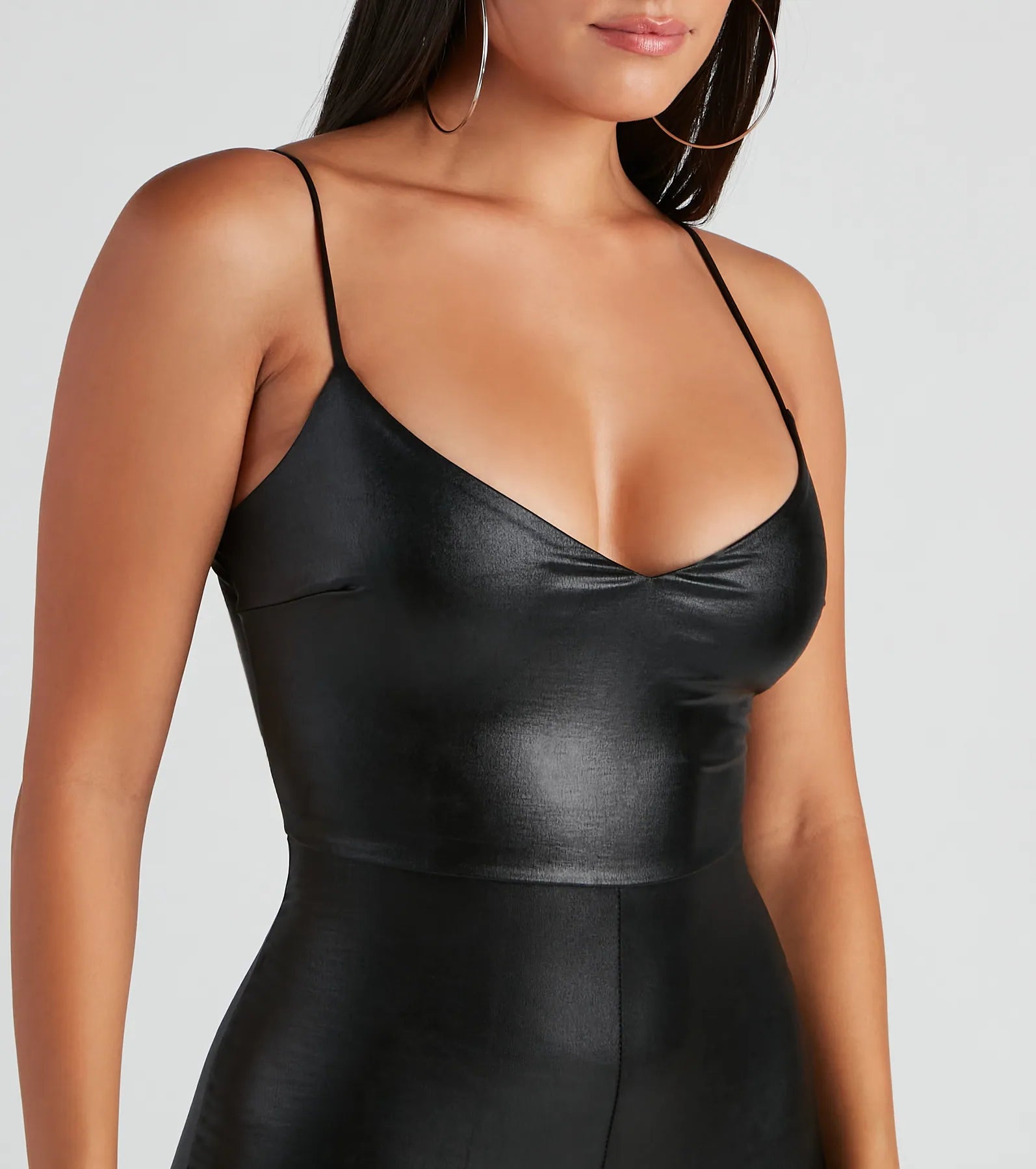Sleek Sleeveless V-Neck Faux Leather Catsuit - Image 4