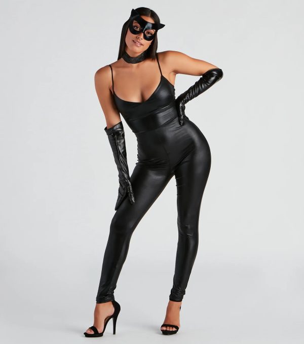 Sleek Sleeveless V-Neck Faux Leather Catsuit - Image 5