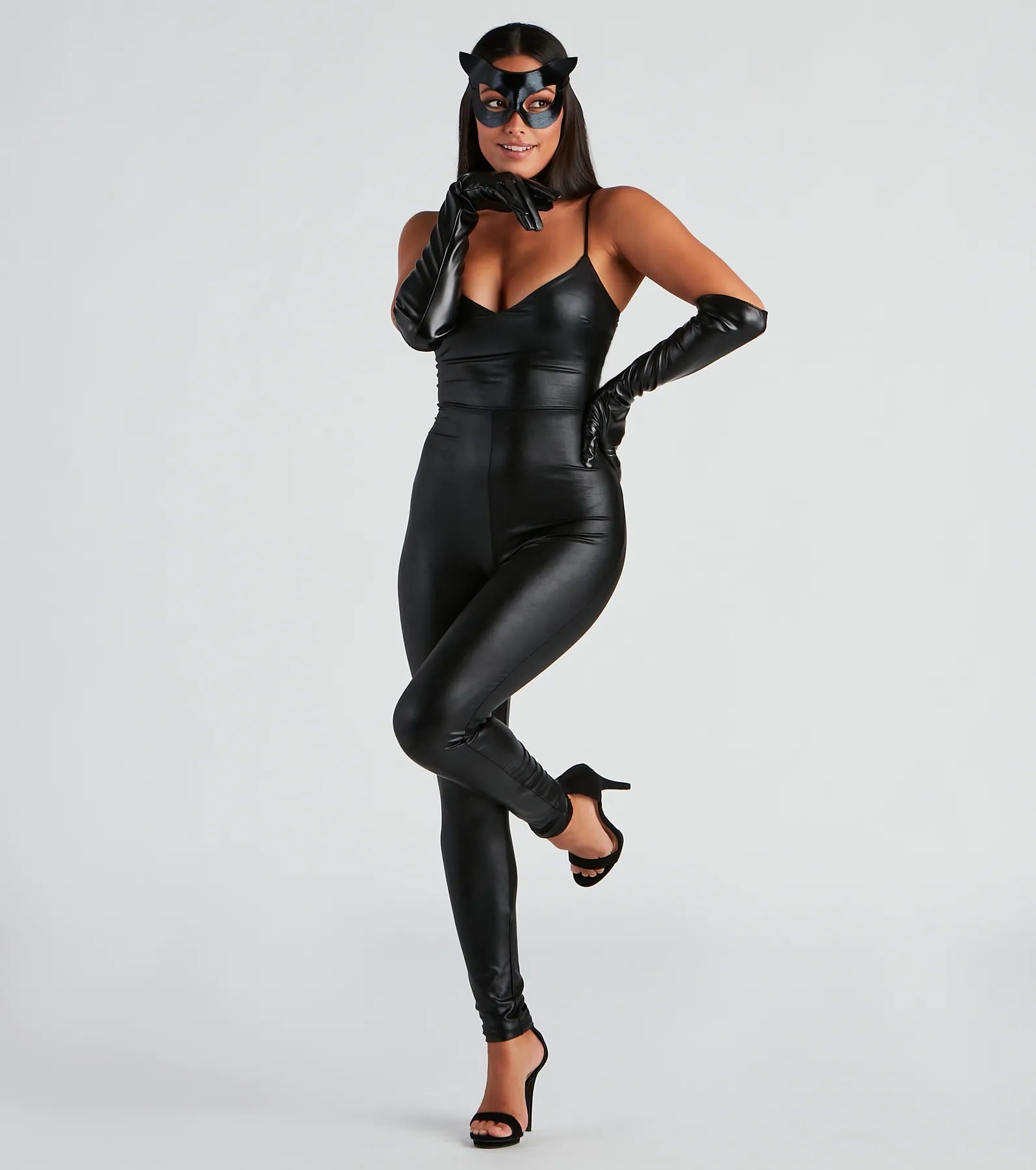 Sleek Sleeveless V-Neck Faux Leather Catsuit - Image 7